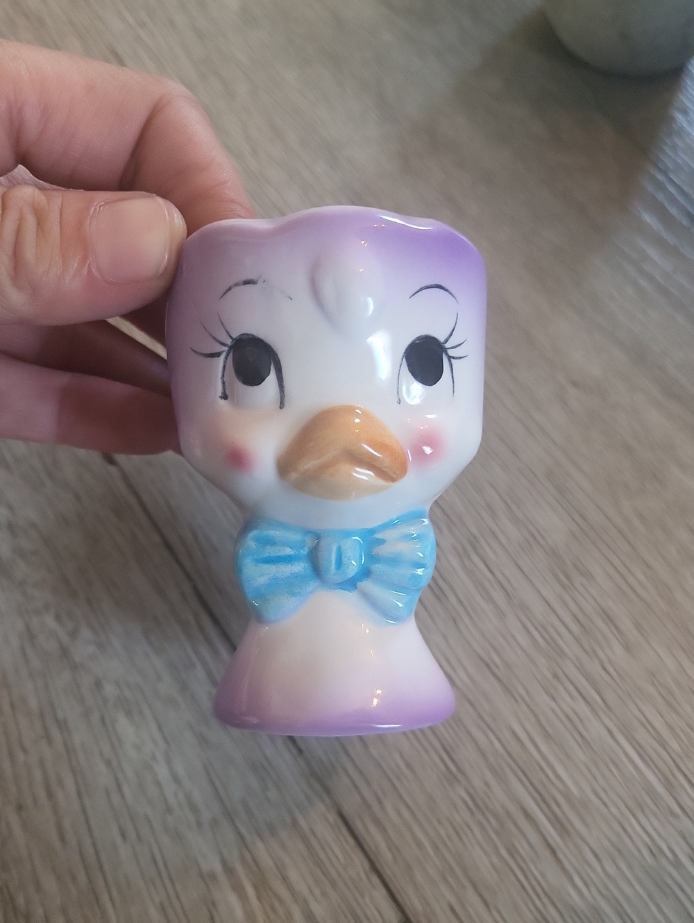 Vintage Cute Ceramic Duck Figurine with Blue Bow - Egg Cup